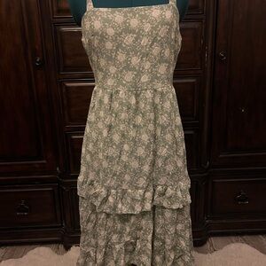 Sage Green Floral Cottage Core Dress with Ruffle Tiers